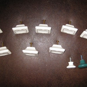 WHITE CERAMIC/PORCELAIN Drawer Knob/Pulls Rectangular Shape 2&quot; x 1 3/8&quot; Gold Trim Around Depress Oval Center Plus Three Ceramic Knobs
