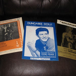 VINTAGE MUSIC SHEETS Raindrops Keep Fallin&#39; On My Head 1969, Goldfinger 1964 and Dungaree Doll 1955 Three Music Sheets