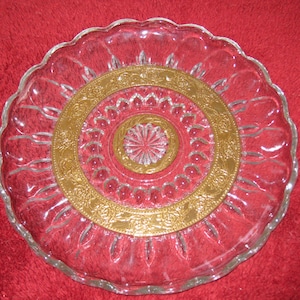 ANTIQUE DISH Clear Glass with Gold Trim, Thumbprint Design 10 Across image 1