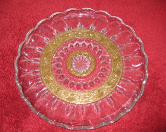 ANTIQUE DISH Clear Glass with Gold Trim, Thumbprint Design 10" Across