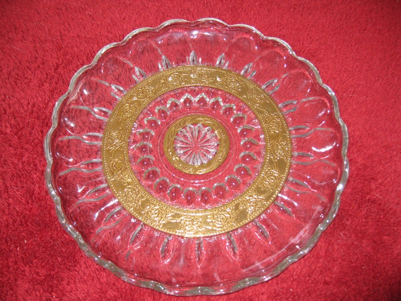 ANTIQUE DISH Clear Glass with Gold Trim, Thumbprint Design 10 Across image 1