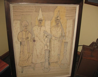 ST. EOM DRAWING On Linen Attributed To Eddie Owens Martin St Eom  31" x 40" Wood Frame Ceremonial Spiritual Drawing From Church In N.Y.
