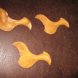 WOODEN FISH APPLIQUES Three Carved Asian Fish Approx. 4&quot; Long & 2&quot; High Flat Backs Could Glued To Craft Project Raise 1/4&quot; From Surface