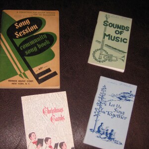 Four SONG PAMPHLETS FOR Singing Sounds Of Music Let Us Sing Together Christmas Carols Song Session The 50&#39;s & 60&#39;s Soft Cover Song Booklets