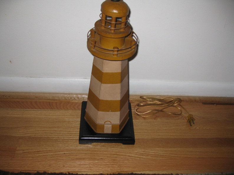 METAL LIGHTHOUSE LAMP Handmade 21 Tall Butterscotch Stripe Color Lamp Is On Base Nautical, Beach, Costal Table Lamp Office Lamp image 1