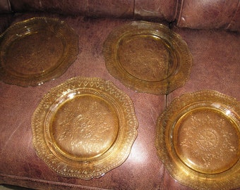 PATRICIAN AMBER YELLOW Depression Glass 11" Dinner Plates Set Of Four Plates Well In Middle To Hold The Sauces Or Gravies Federal Glass Dish