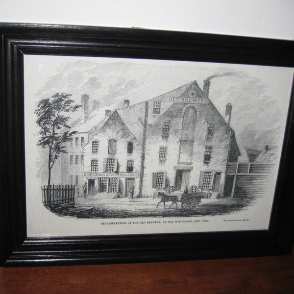ANTIQUE 1800'S ILLUSTRATION Engraving Representation Of The Old Brewery At The Five Points New York Antique Black Wood  8 3/4" x 11 3/4"