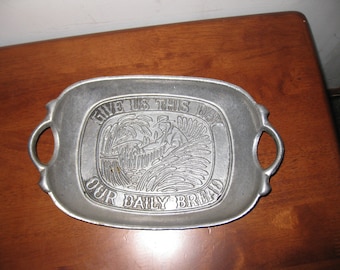 SEXTON 1972 Give Us This Day Our Daily Bread Serving Dish Pewter Two Handles 6 3/4" x 10 1/2" Man With Wheat Design In Middle