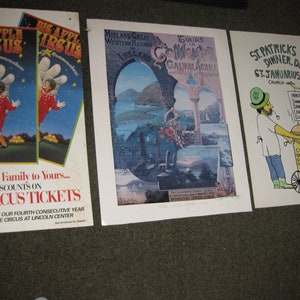 1989 ARTE POPULAR ST. Patricks' Dinner Dance Ad Window Card Big Apple Circus Ad Grandma Meets Mummenschanz Poster Midland Great Western Railway