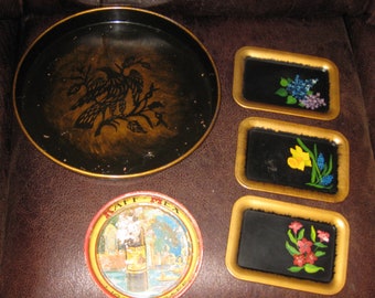 VINTAGE METAL TRAYS Handpainted Eagle 12" Across 1 1/2" High Three Rectangle 6 1/2" x 4 1/2" Small Round Kaff-Mex 6" Across 3/4" High