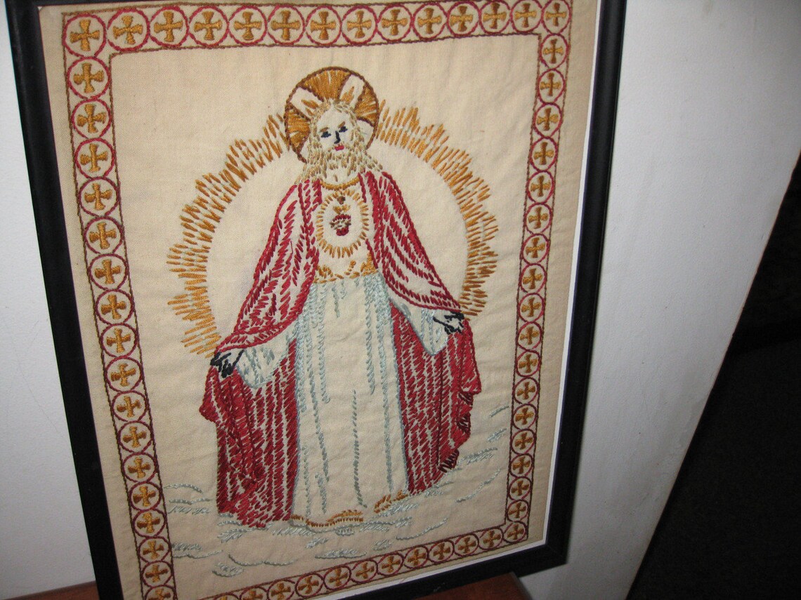 ANTIQUE JESUS EMBROIDERY In Wood Frame Painted Black 14 Etsy