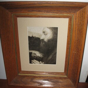 ANTIQUE PHOTOGRAPH MAN Praying In Antique Natural Oak Shadow Box Frame 12&quot; x 14&quot; Photo Is Of Famous Painting Matted In Off White