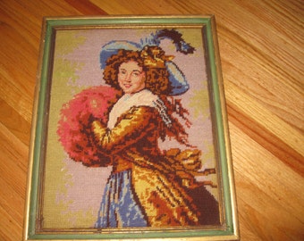 ANTIQUE NEEDLEPOINT Madame Mole'Reymond From A Painting By Vigee LeBrun Features Muff Georgian Plume Hat Framed In Wood Frame  13 1/2" x 17"