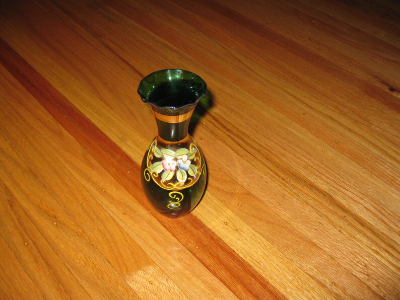 ANTIQUE GREEN GLASS Vase With Gold Trim 6 1/4 Tall Label Etsy