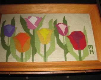 FRAMED TULIP NEEDLEPOINT Initialed M A Natural Color Solid Oak Frame 21" x 13" Covered In Glass Completed Framed Fiber Wall Art