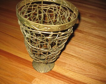 TWIG PLANTER VASE Flower Display -Metal Top and Bottom Woven Twigs 12" High 8" Across Top