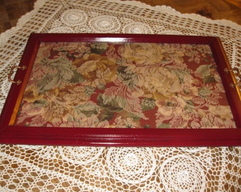 ANTIQUE VANITY TRAY Red Painted Wood Frame, Carpet Bag Fabric Under Glass 20 1/2" x 12 3/4" Art Deco Glass Top Tray Dresser Perfume Tray