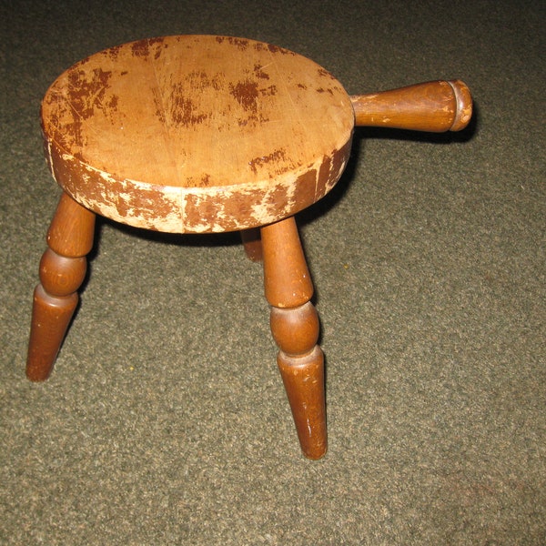 WOODEN MILKING STOOL Three-Legged Farm Stool Authentic Furniture El Segundo Calif. Made In Japan 12 1/8" High 14 1/4" Top Including Handle