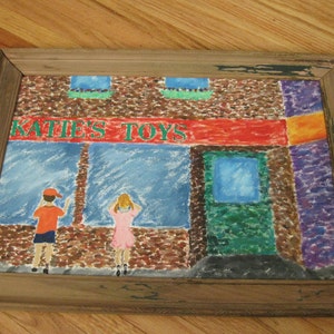 ORIGINAL PAINTING Folk Art Painting On Canvas  &quot;Katies Toys&quot; In Vintage Wood Frame 13 3/4&quot; x 18 1/2&quot;
