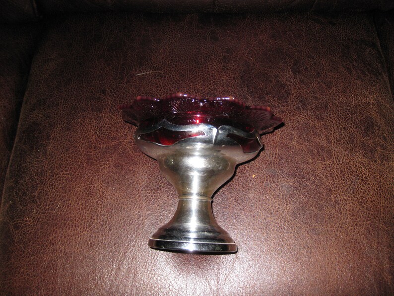 VINTAGE RUBY RED Two Sided Dish Compote On Silver Tone Metal Stand Art Deco 5 34 High 7 Across Top Antique Pedestal Dish