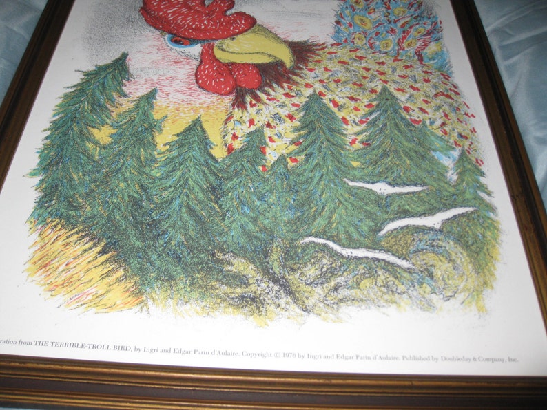 THE TERRIBLE TROLL Bird 1976 Framed Illustration Antique Wood Frame 15 12 X 19 12 Illustration By Ingri /& Edgar Parin D/'Auliare