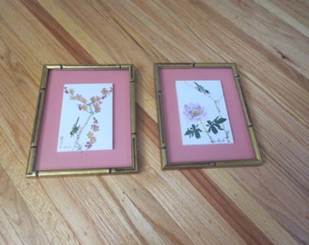 TWO SIGNED ASIAN Watercolors Signed Win Pong Ng Bamboo Style Goldtone Frames 9 3/4" x 7 3/4" Birds On Branch Covered In Glass