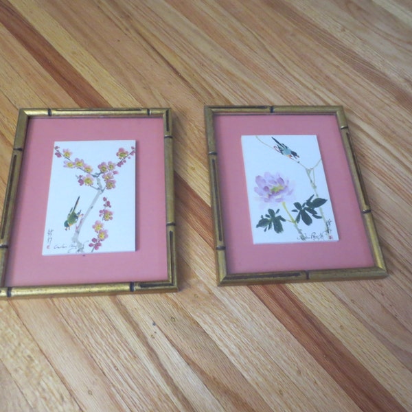 TWO SIGNED ASIAN Watercolors Signed Win Pong Ng Bamboo Style Goldtone Frames 9 3/4" x 7 3/4" Birds On Branch Covered In Glass