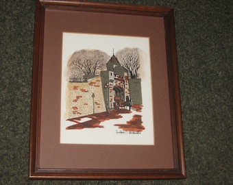 Horse And Carriage Leaving Castle Watercolor  1977 Signed Quetsee In Vintage Wood Frame 12 1/4" X 15 1/4" Castel Gate Architecture Art