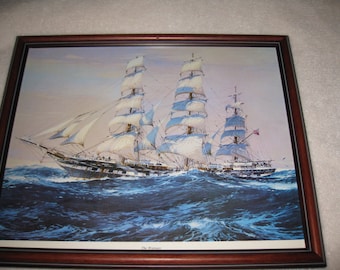 THE WAIMATE Mid Century Textured Print Of Clipper Ship In Wood Frame 14 1/2"x 17 1/2 » Nautical Wall Art Seascape Wall Art