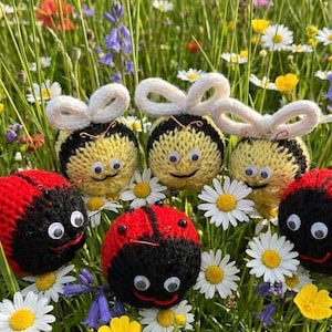 Könnte beinhalten: Handgestrickte Spielzeuge in Form von Bienen und Marienkäfern mit Wackelaugen, in einem Feld mit Wildblumen. Die Bienen sind gelb und schwarz mit weißen Flügeln, die Marienkäfer sind rot und schwarz.