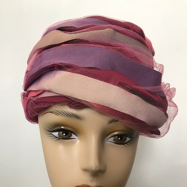 Vintage 1960s 'Christian Dior' Turban Style Beehive Hat W/ Pastel Satin & Tulle