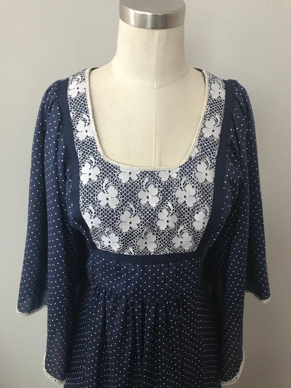 1970's Boho Hippie Navy & White Polka Dot Maxi Dre