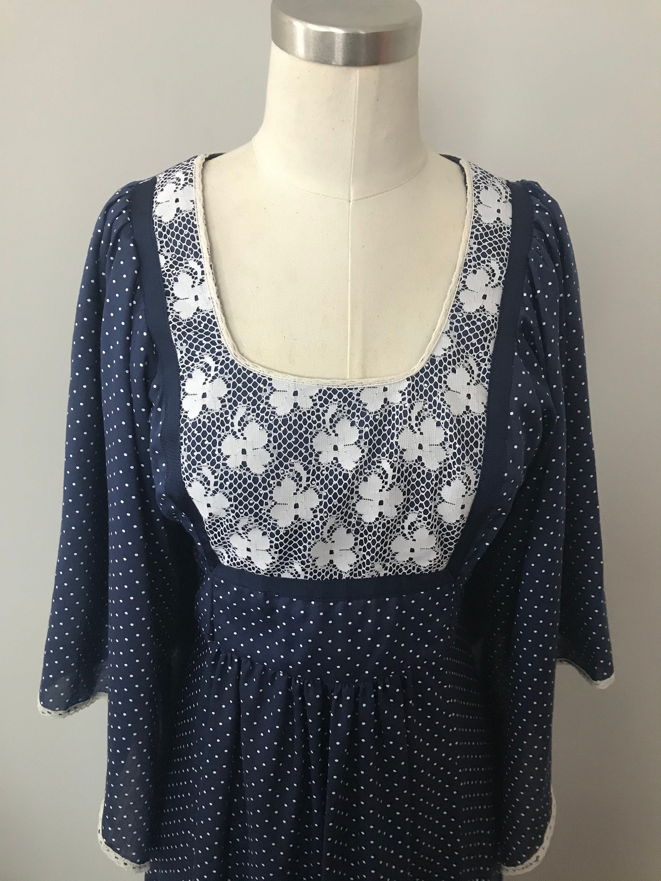 1970's Boho Hippie Navy & White Polka Dot Maxi Dress - Etsy