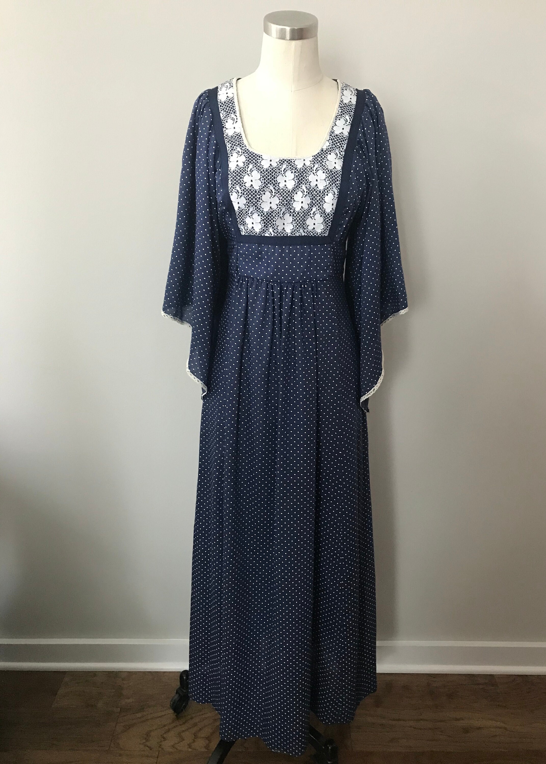 1970's Boho Hippie Navy & White Polka Dot Maxi Dress - Etsy