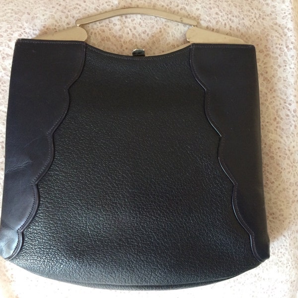 Vintage 1930s Blu Genuine Leather Handbag  / Metal Clasp / Art Deco