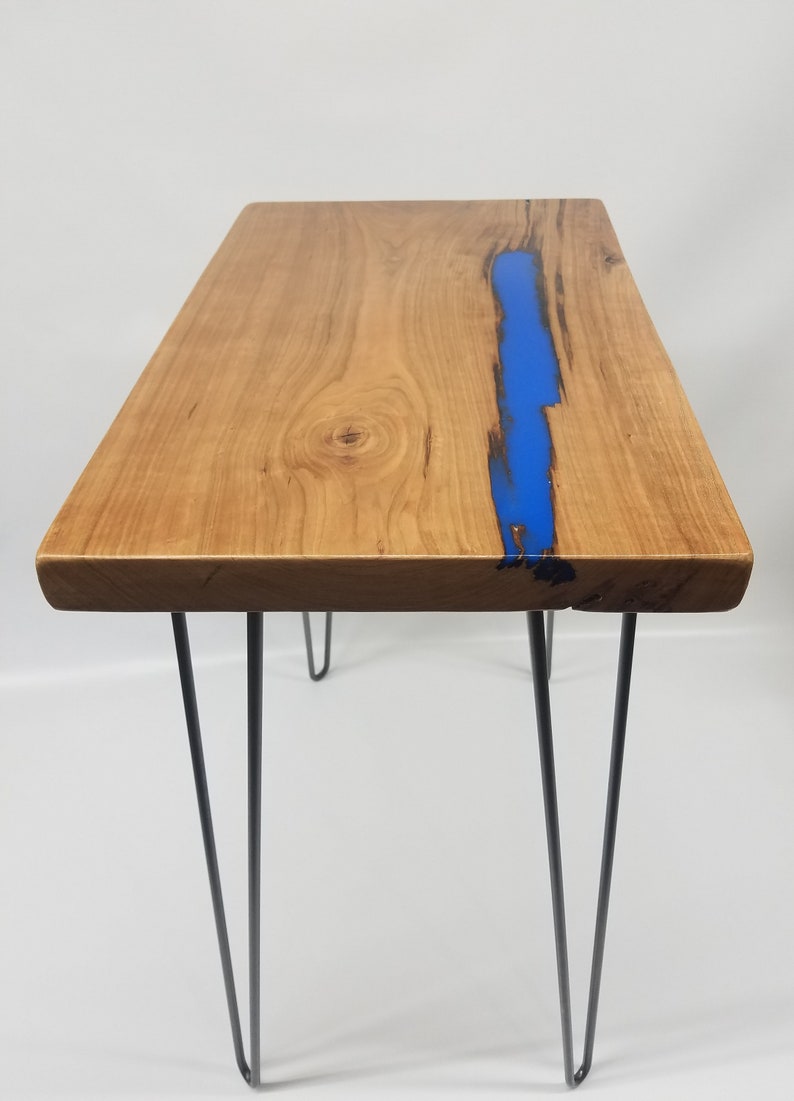 River Table Side Table End Table Reclaimed Wood Cherry Slab Blue Unique Table Zero VOC Finish Urban Salvaged Wood Handmade Unique image 10