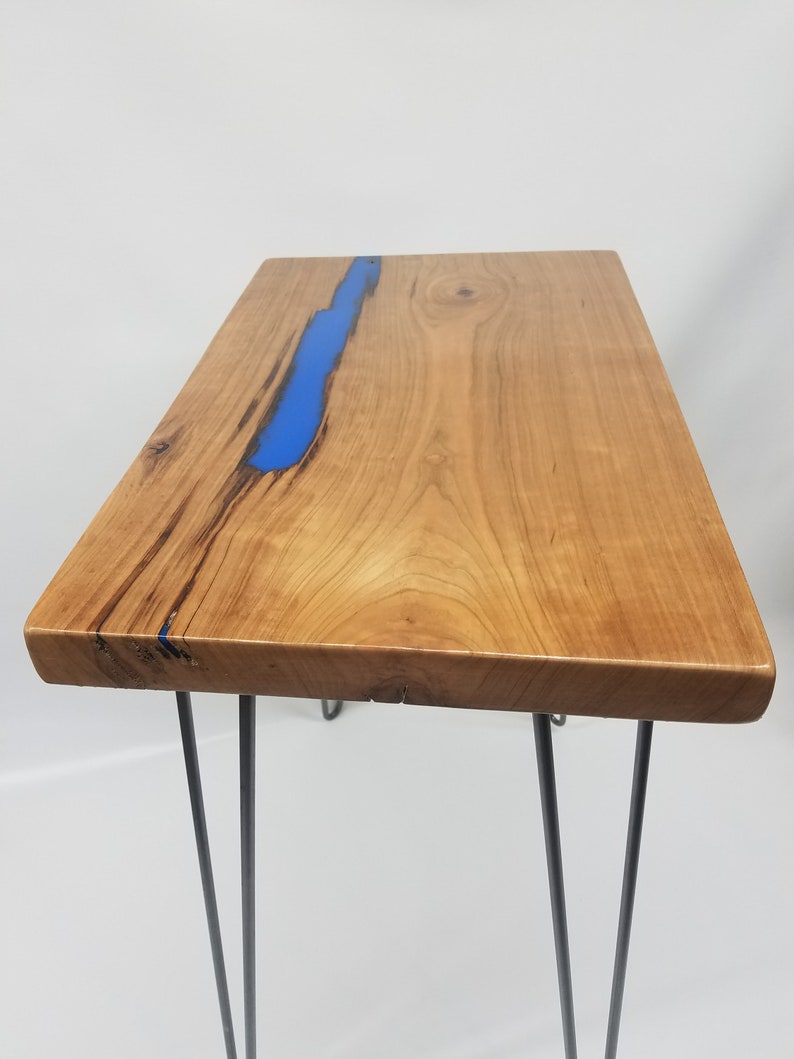 River Table Side Table End Table Reclaimed Wood Cherry Slab Blue Unique Table Zero VOC Finish Urban Salvaged Wood Handmade Unique image 9