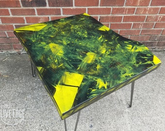 Yellow Coffee Table- Black- Artistic- Live Edge- Modern- Natural Wood- Pop Art- Splatter- Handmade Furniture- Geometric- Graffiti- Cool