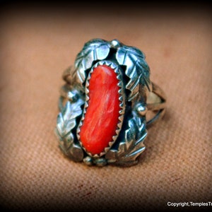 Bench made Navajo Red Coral Ring/Sterling and Red Coral Wrapped in Feathers Navajo Ring/Mid Century Coral Ring/Southwest Navajo Ring For Her