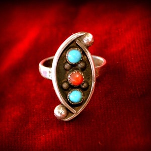 Sterling NAVAJO Turquoise & Coral Petit Point~US Ring Size 4.5~Sterling Turquoise and Coral Ring~Mid Century Ring~December birthstone ring