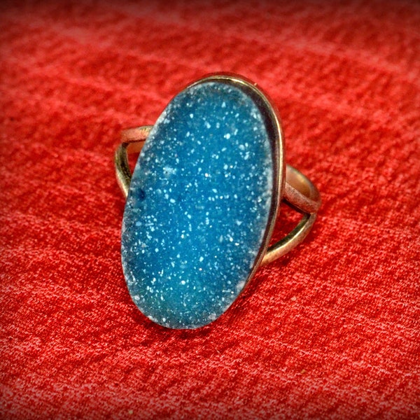 Teal Blue Iridescent Druzy Ring Size 7~Sparkly Teal Druzy and 925 Ring Size 7~Organic Bling Ring For Her~Teal Blue Druzy Bling Ring For Her