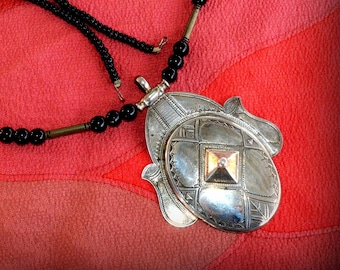 MOROCCAN TUAREG NECKLACE Large Vintage Tuareg Etched Silver Tone 