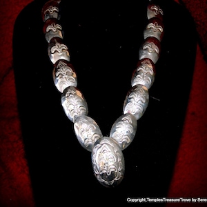 Navajo Corn Stamped Pillow Beads Necklace~Vintage 1980&#39;s Navajo Sterling Silver Pillow Bead Necklace~Navajo Sterling Bench Beads Necklace