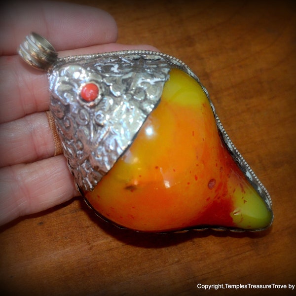 Conch Shell Shaped Pendant~Amber Resin and Tibetan Silver Repousse Pendant~Honey Colored Amber Resin Pendant~Fair Trade Beads from Kathmandu