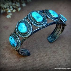 Altes Pawn Navajo Manschettenarmband~5 türkisfarbene Cabs Sterling Manschettenarmband~Mid Century Navajo Manschette~Navajo Sterling und Türkis Statement Manschette