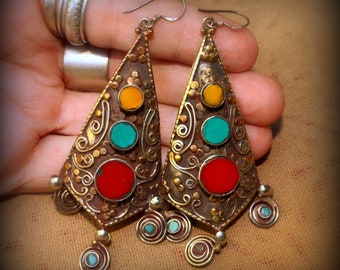 Nepalese Artisanal Bead Earrings~Dangle and Drop Pierced Earrings for her~Three Metal Earrings~Amber Turquoise and Coral Earrings for Her