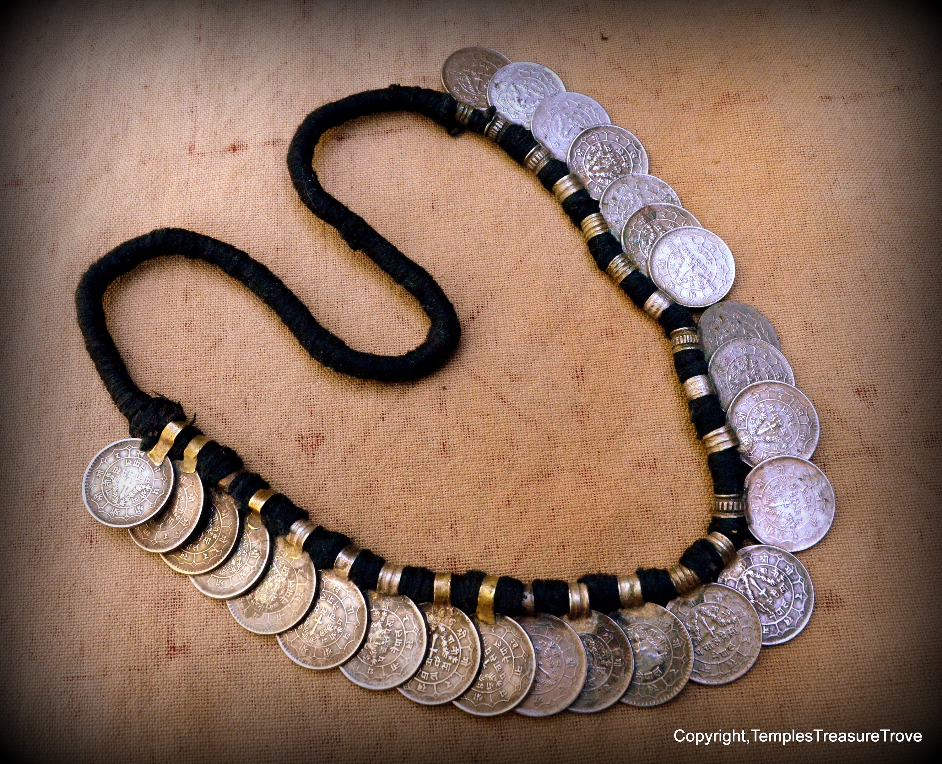 Old Ethnic Nepalese Limbu Tribal 25 Rupee Necklace on Black Wool