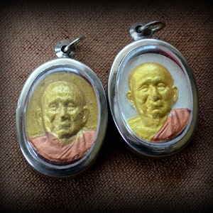 Antique Thai Buddhist Clay Reliquary Tsa Tsa/Choose One Buddhist Bead Pendant in heavy acrylic and white metal bezel case ready to wear