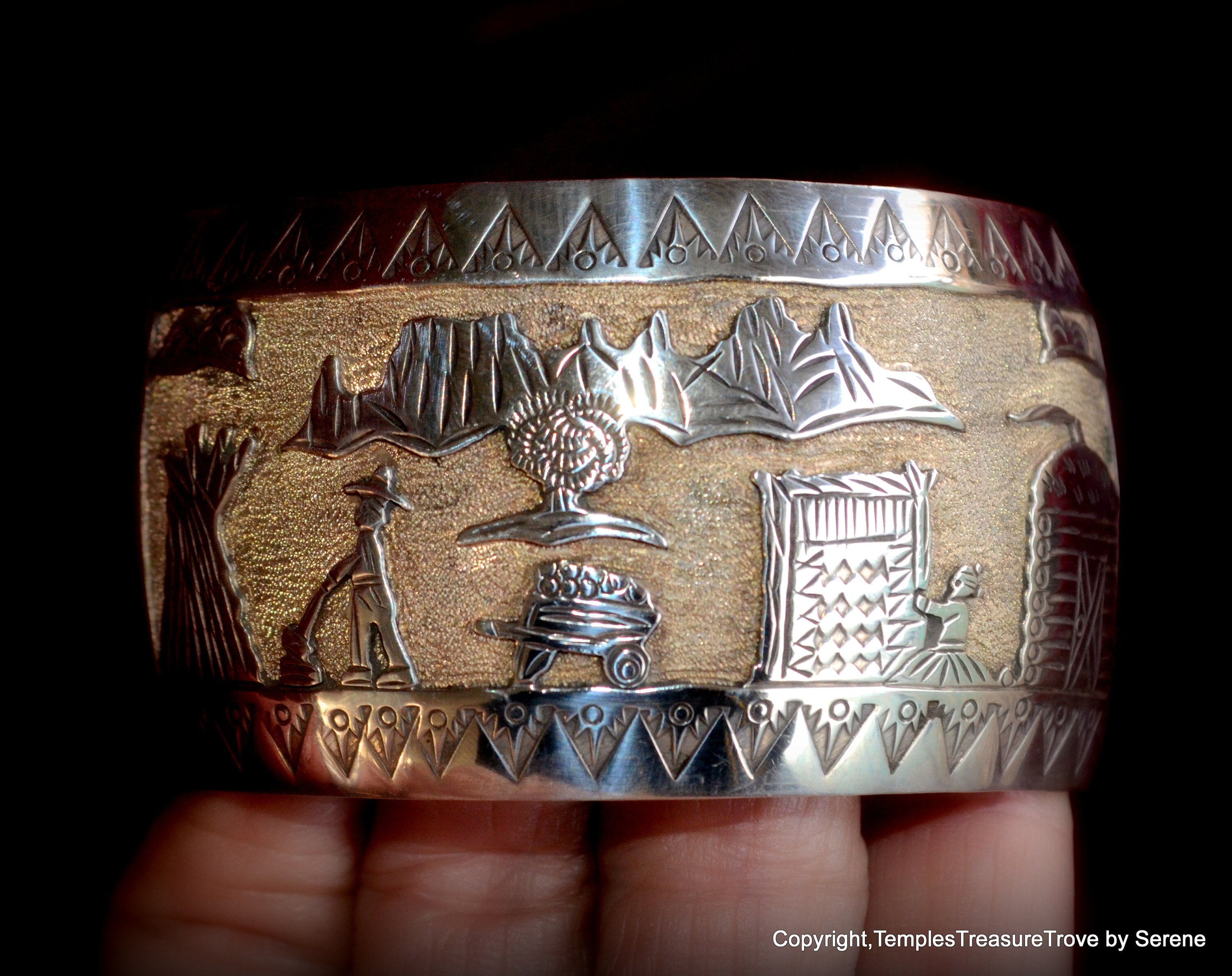 Phenomenal Native American Navajo Sterling Silver 12k Gold Storyteller Bracelet Phenomenal Native American Navajo Sterling Silver 12k Gold Storyteller Bracelet