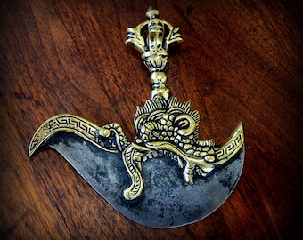 Sacred Buddhist Kartika Blade Dorje Handled Brass Ritual Object Dragon Sky Iron Blade Lightning Rod/Sacred Buddhist Artifact/Altar Implement